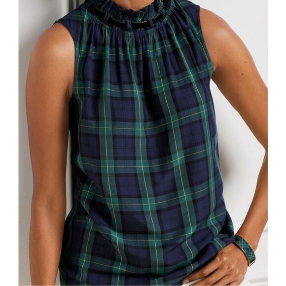 NWT Talbots Velvet Trim Ruffle top Black Watch Plaid Green‎ Rhinestone, 2x $100 - Picture 1 of 8